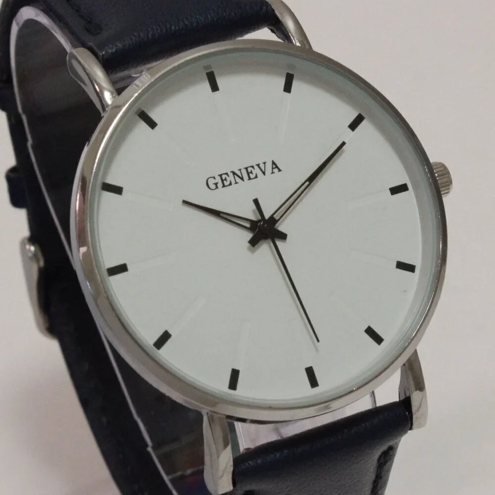 Men's Minimalist Fashion Watch Silver Case White Dial Navy Blue Strap 40mm